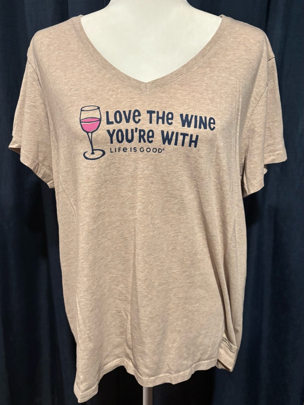 Life Is Good Beige V-Neck Long Sleeve Tee with Wine Graphic